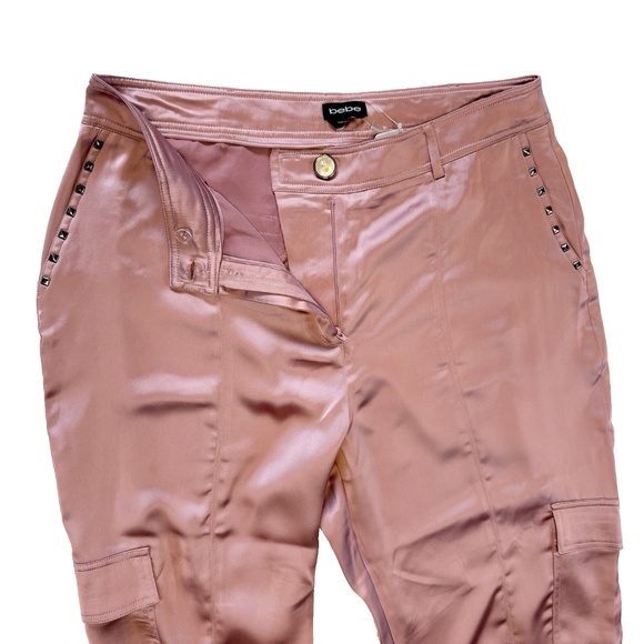 Bebe Size 12 Natural Waist Stud Detail Satin Jogger Pant Pink Cargo Pockets NWT - Picture 9 of 16